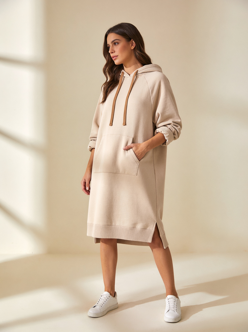 Oatmeal oversized hoodie dress, three-quarter view with hand in the front pocket
