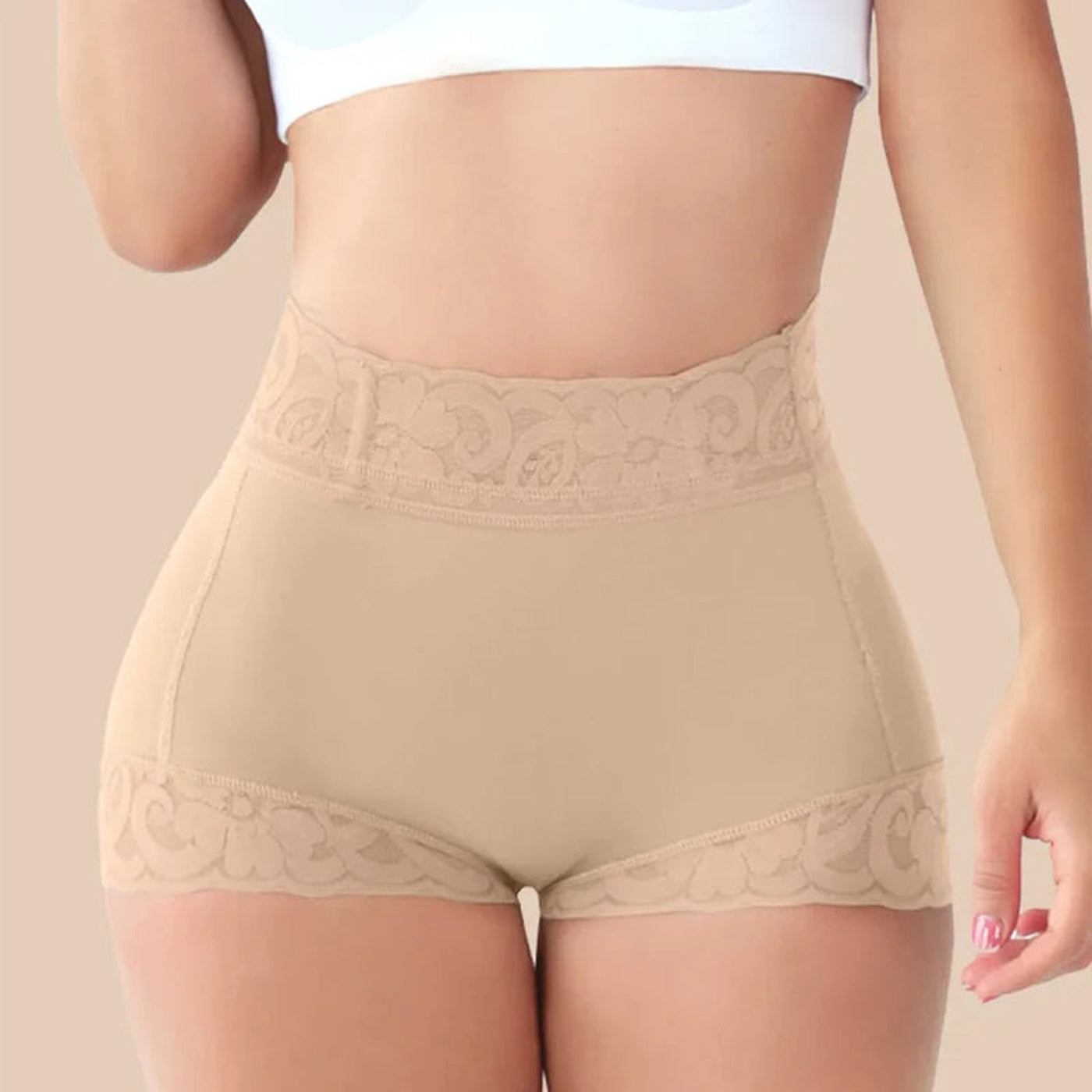 The Booty Boxer in Nude, front view, high-waist shaping short