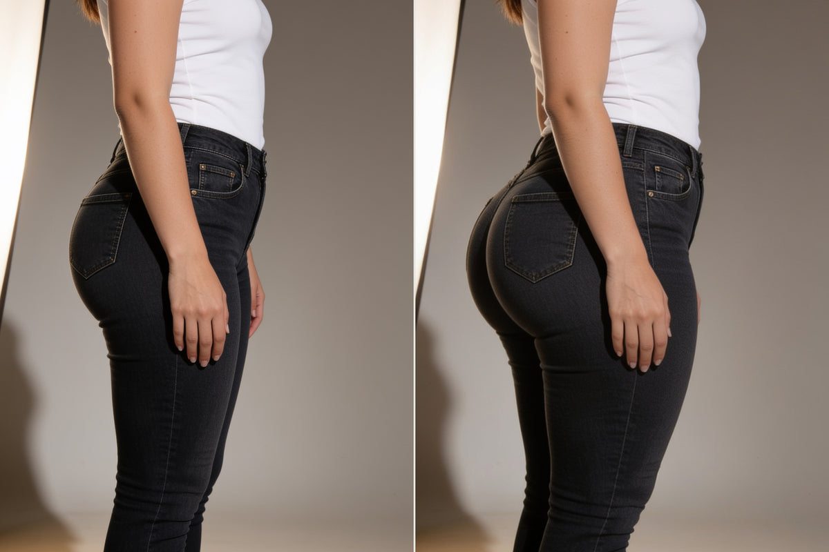Side profile in the same jeans, without and with the Booty Boxer underneath
