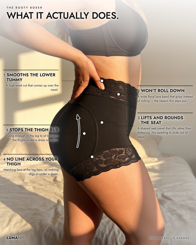 The Booty Boxer — high-waist cut, lace band that grips, shaped seat panel, lace leg hem
