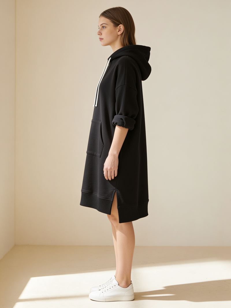 Black hoodie dress side profile showing the split side hem and drawstring hood