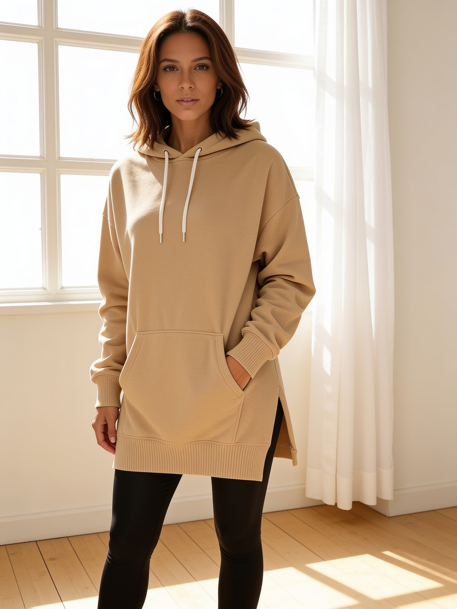 Weekend Hoodie Dress in Oatmeal, front view, worn over black leggings